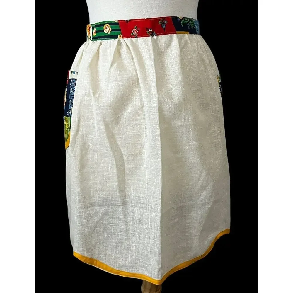 Vintage MCM Half Apron Linen Hostess Retro Floral Trad Cottagecore